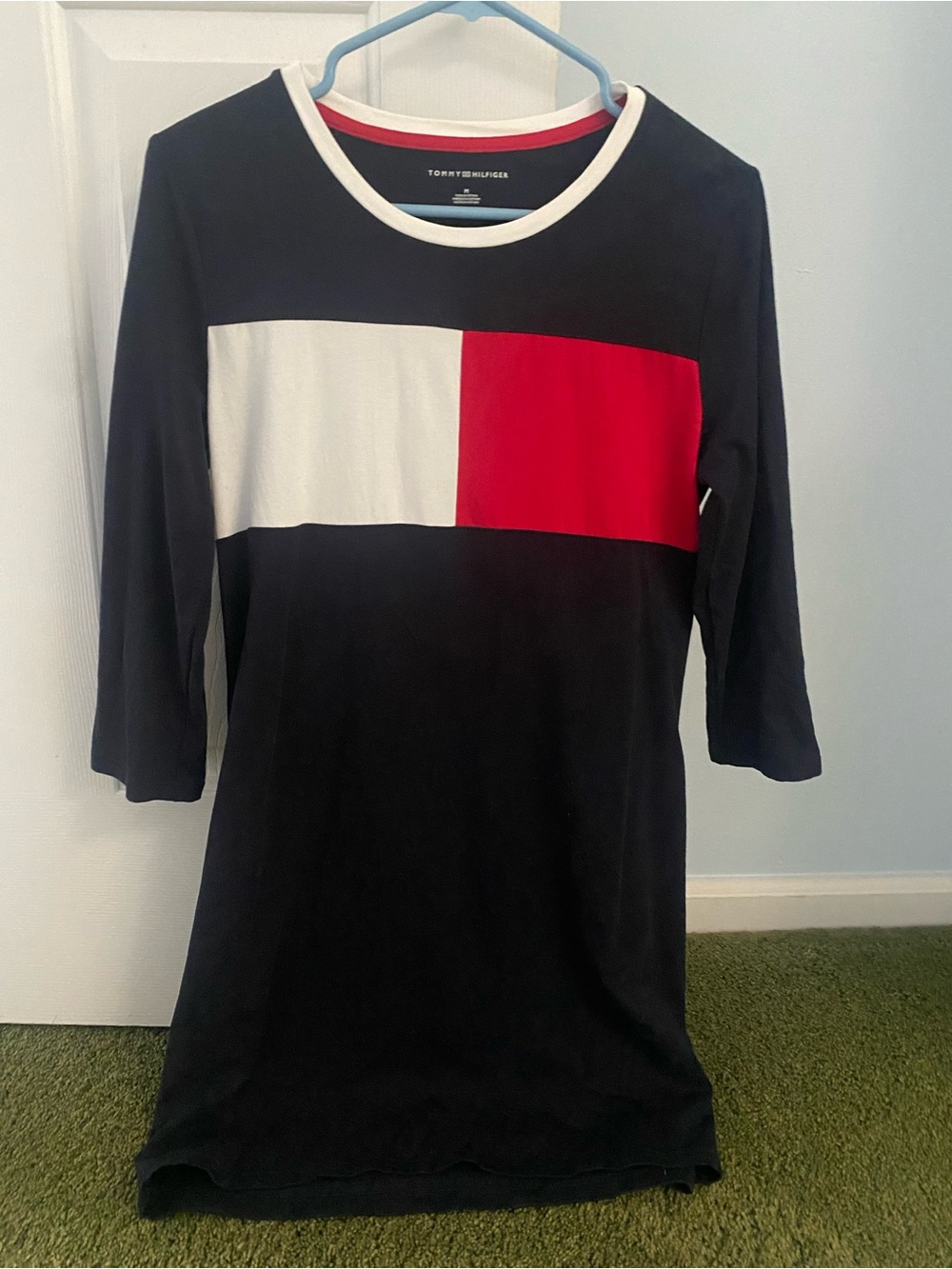 Tommy Hilfiger Black, White & Red Colorblock Long Sleeve Cotton Dress